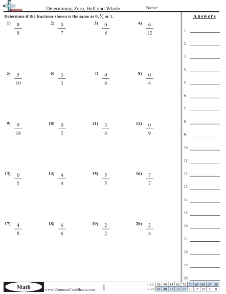 Fraction = 0, ½ or 1.  Worksheet - Determining Zero, Half and Whole  worksheet